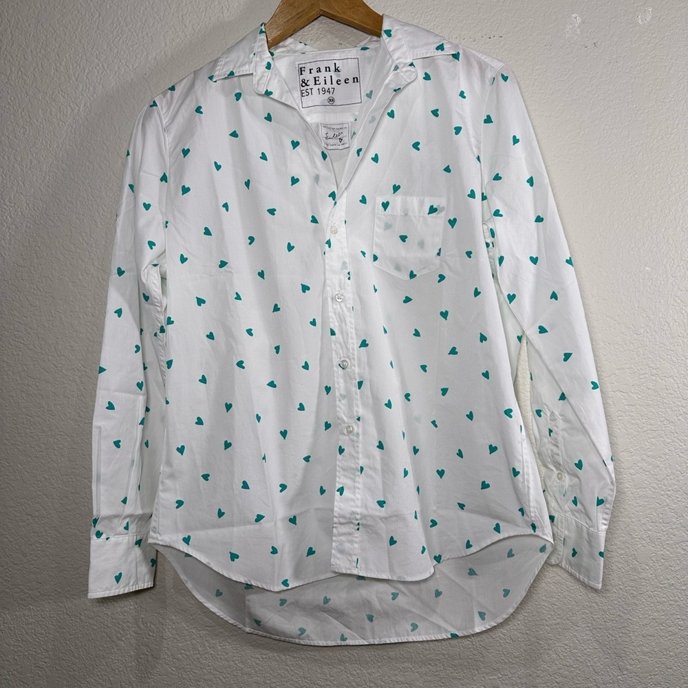 Frank & Eileen Eileen White Teal Green Heart Print Cotton Button Up Shirt XS